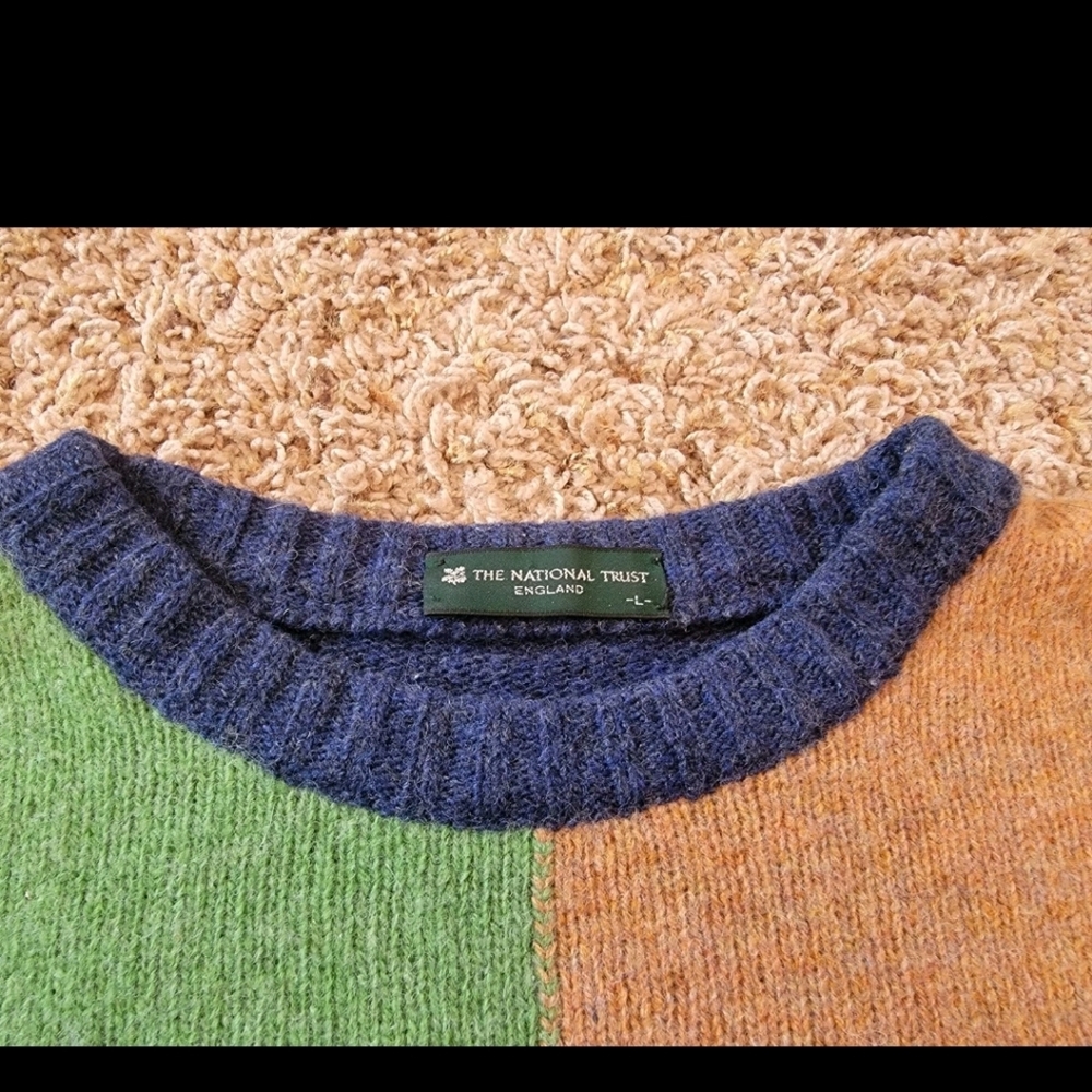 Vtg 100% Wool The National Trust England Rainbow Colorblock Mens Sweater! Large - Picture 6 of 12